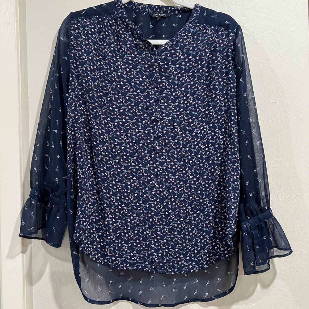 Lucky Brand Navy Patterned Blouse with Sheer Sleeves